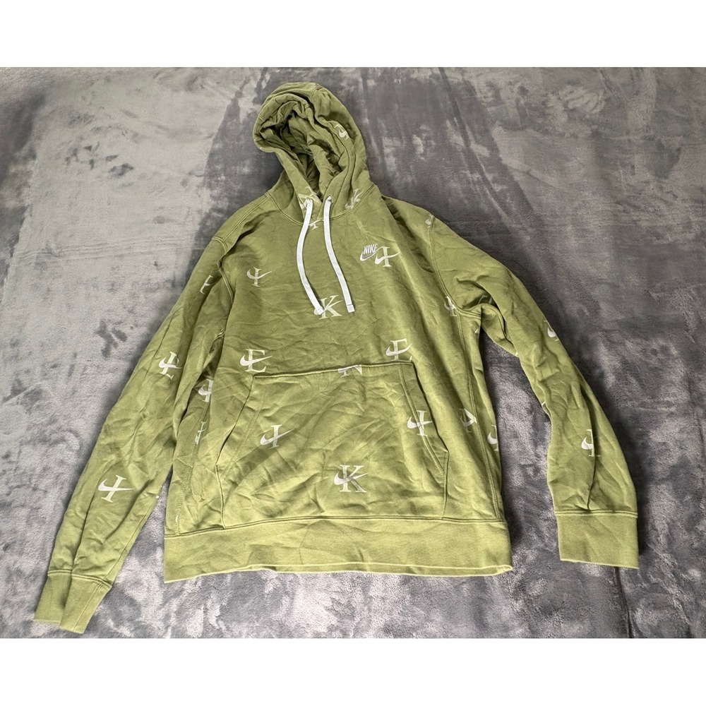 Nike Mens Sportswear All Over Logo Print Hoodie Medium Olive Green Pullover